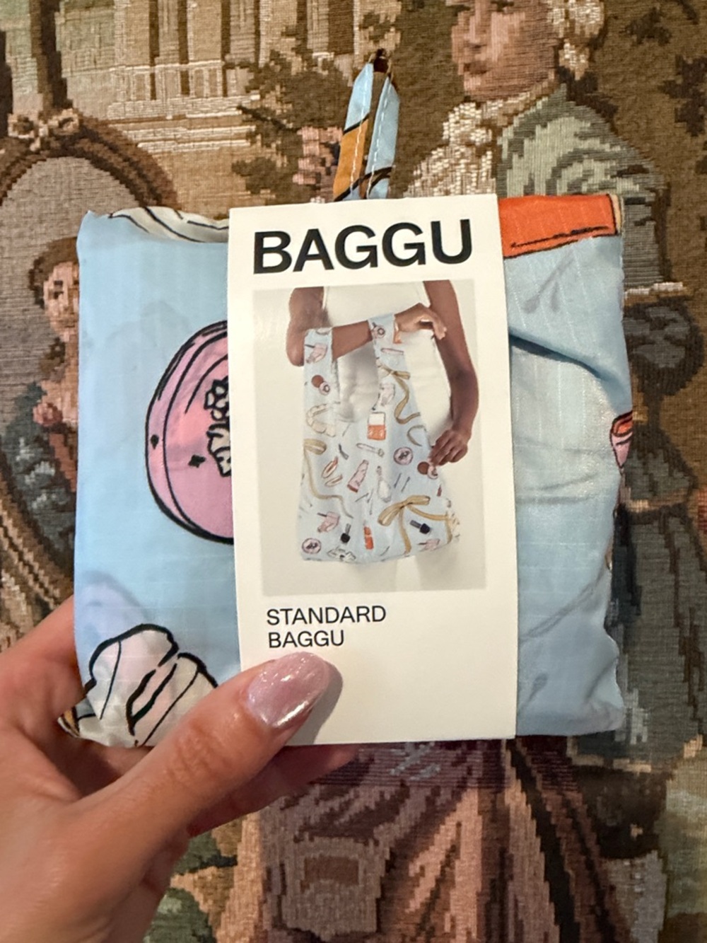 BAGGU Standard Reusable Bag - Light Blue with Get Ready With Me Print